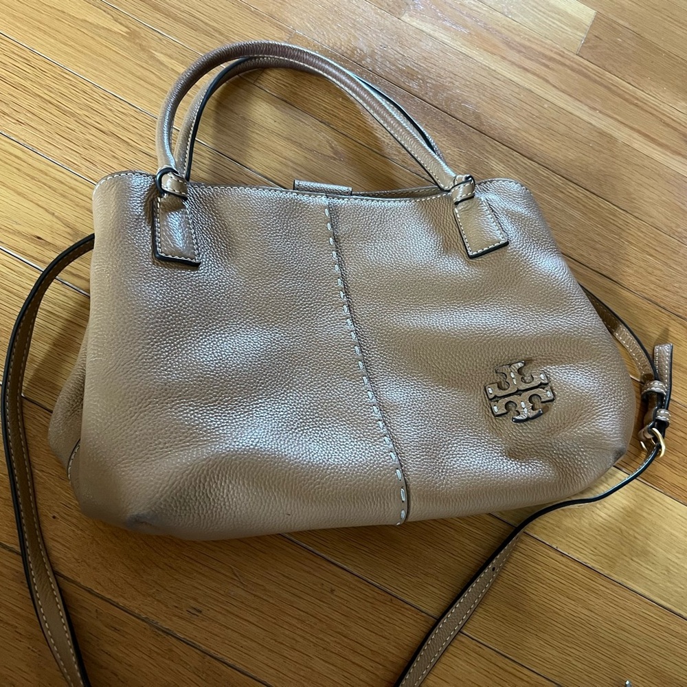 Tory Burch Mcgraw Satchel Handbag Pebbled Leather Tan Nude Beige  Purse Tote Bag